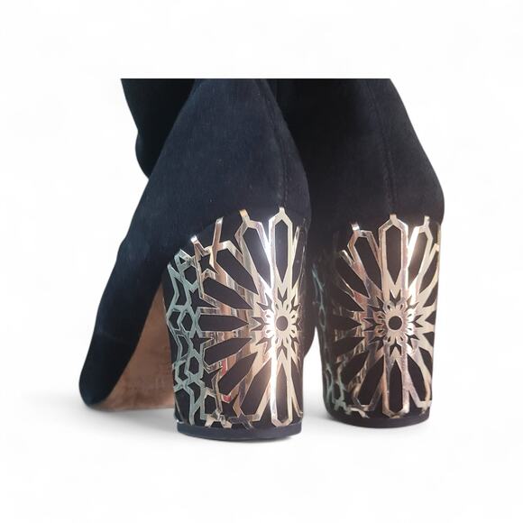 Via Spiga Black Suede Ankle Booties 8.5M Gold Metallic Block Heel Vero Cuoio - Picture 7 of 13